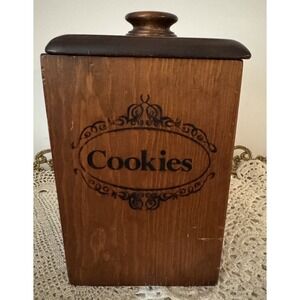 Solid Wood Cookie Jar/ Box Vintage Engraved With Cookies Great Condition w/ Top
